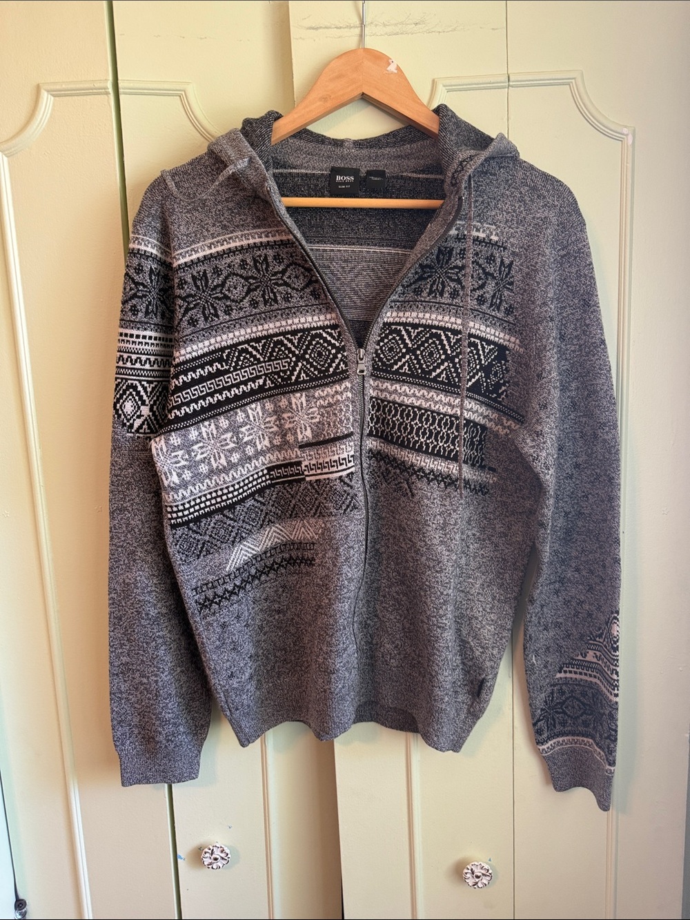 Boss Charcoal and Black Zip-Up Hooded Sweater with Nordic Fair Isle Motif